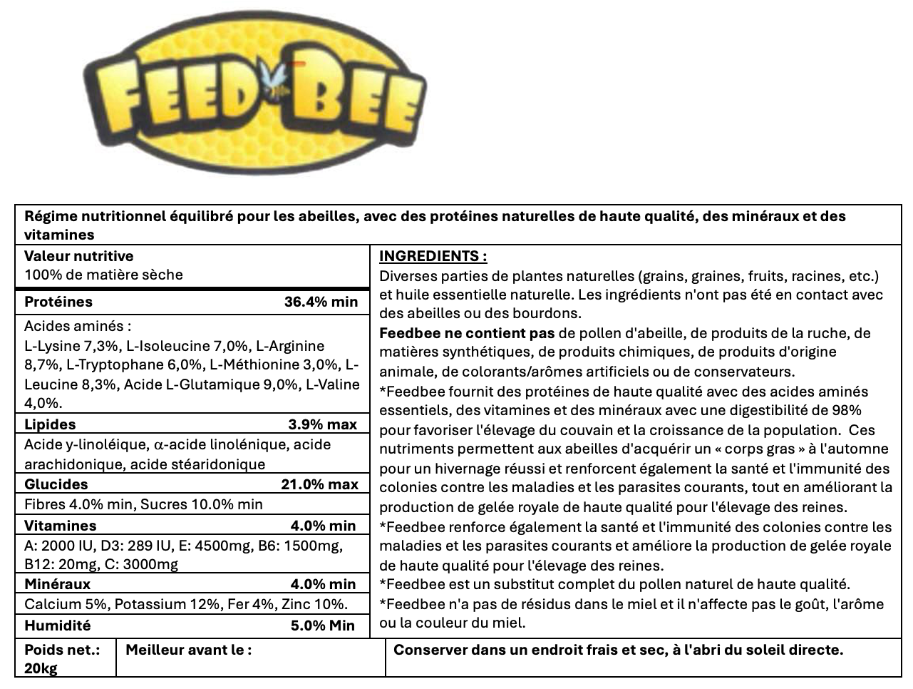 Feedbee | Substitut de pollen | Sac de 20 kg